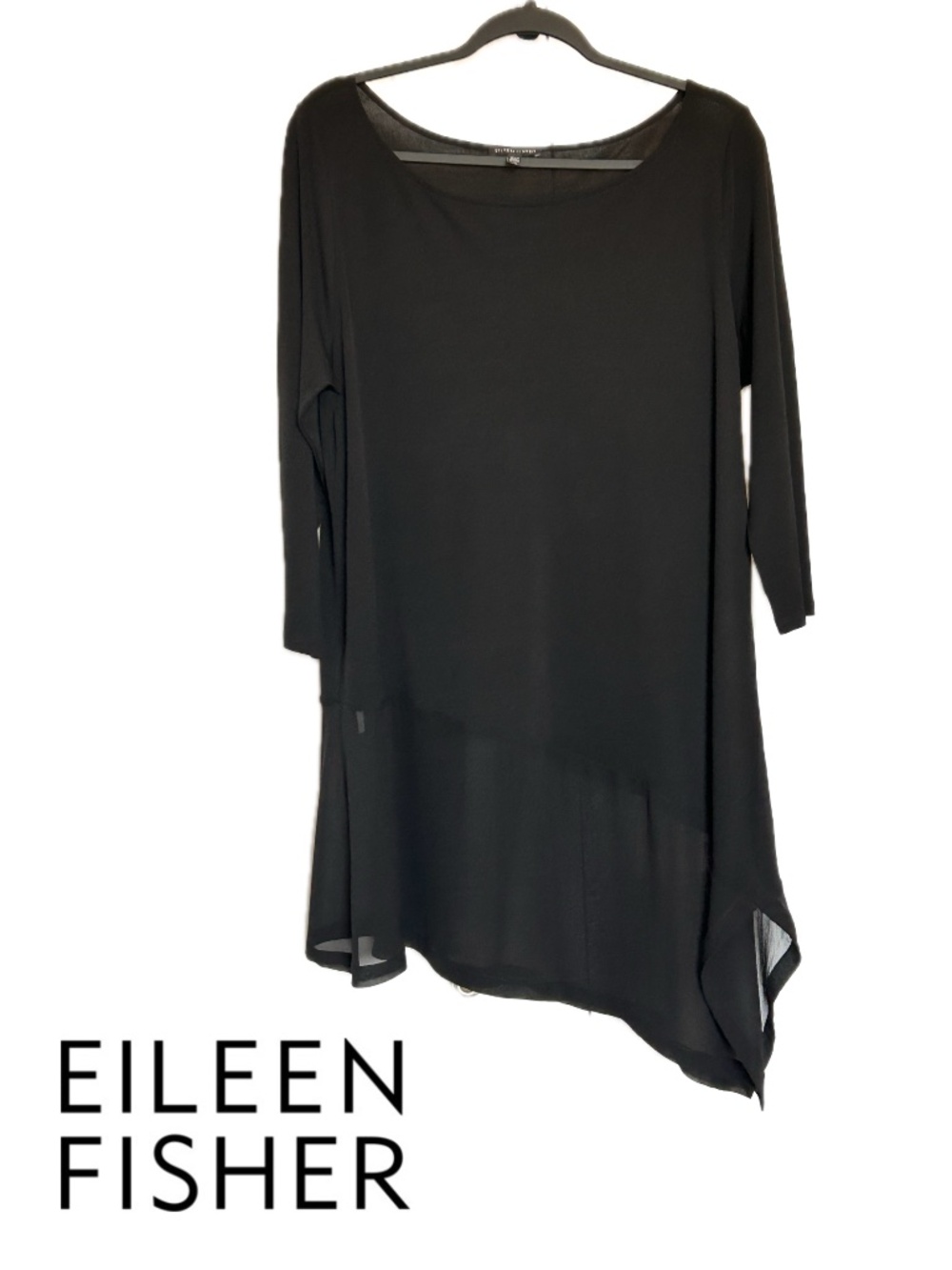Eileen Fisher Silk Jersey Asymmetrical Sheer Hem 3/4 Sleeve Tunic Black  Size L